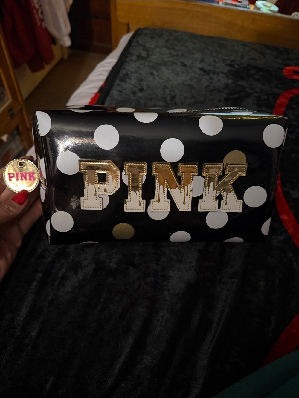 PINK Victoria's Secret Black Polka Dot Cosmetic Bag with Gold Logo